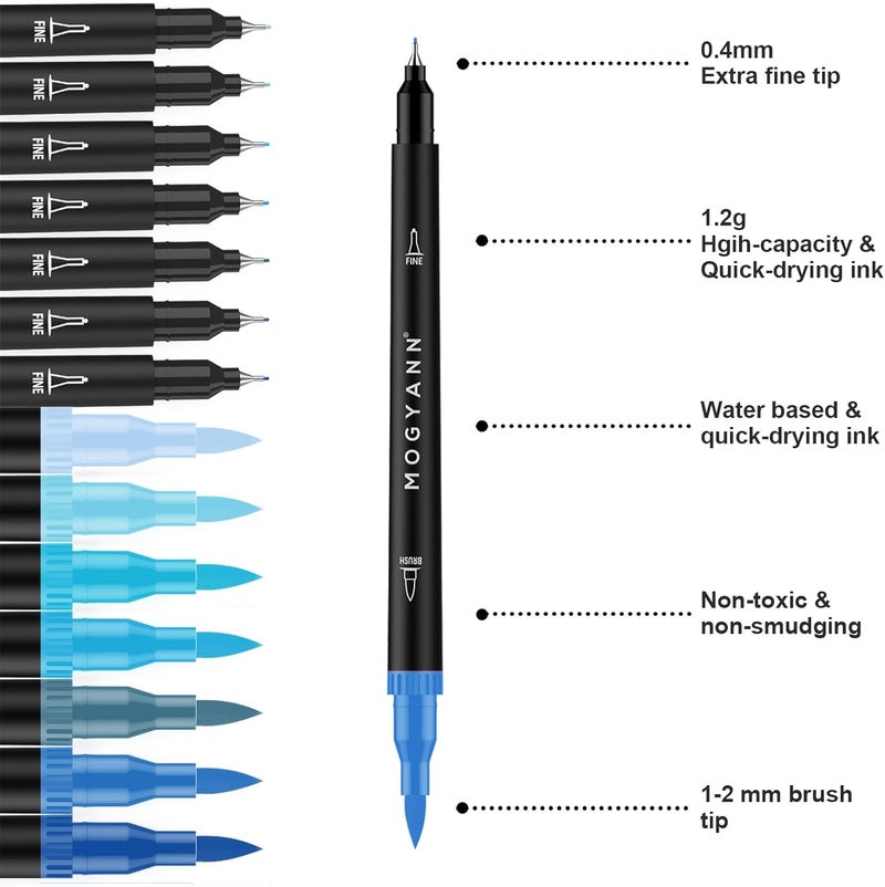 Mogyann Blue Markers, 12 Pack Dual Brush Pens Drawing Markers for Art Sketching - Image 2
